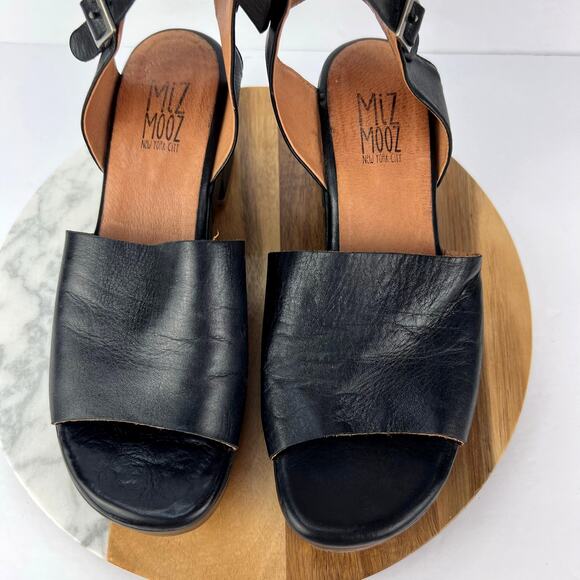 Miz Mooz Gia 39 Black Chunky Platform Ankle Strap Soft Leather Sandal Heel Boho - Picture 6 of 12